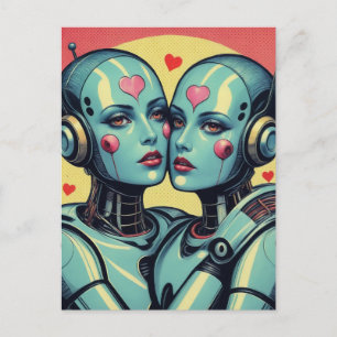 Female Robots in Love Pop Art Postcard