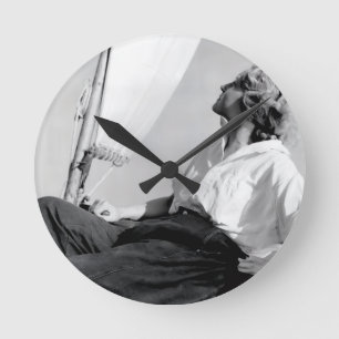 Female Sailor Black and White Photo Round Clock