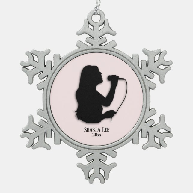 Female Singer Pink Personal Name and Date Snowflake Pewter Christmas Ornament (Front)