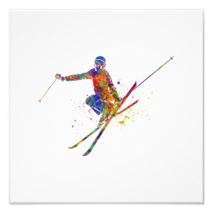 Female skier in watercolor photo print