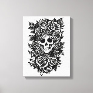 Female Skull Roses Goth Original ink drawing Art Canvas Print