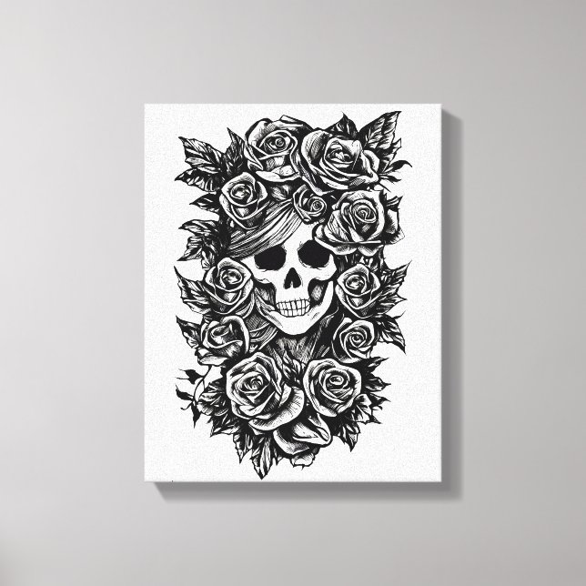 Female Skull Roses Goth Original ink drawing Art Canvas Print (Front)
