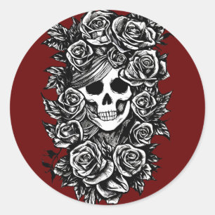 Female Skull Roses Goth Original ink drawing Art Classic Round Sticker