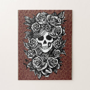 Female Skull Roses Goth Original ink drawing Art Jigsaw Puzzle