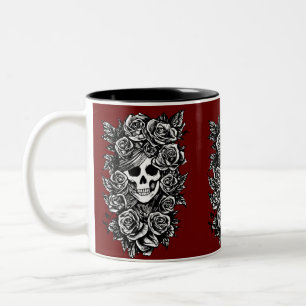 Female Skull Roses Goth Original ink drawing Art Two-Tone Coffee Mug