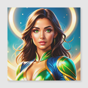 Female superhero portrait in emerald-and-gold armo