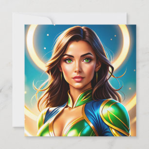 Female superhero portrait in emerald-and-gold armo
