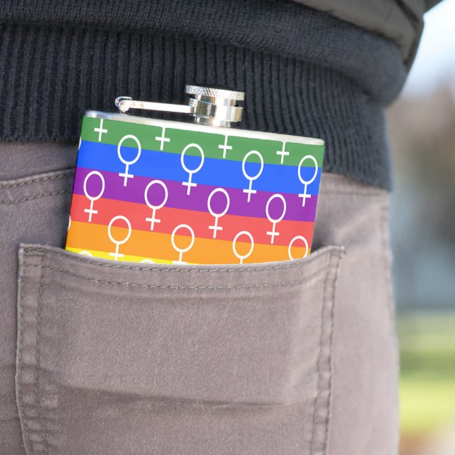 Female Symbol Rainbow Pattern Hip Flask (In Situ)