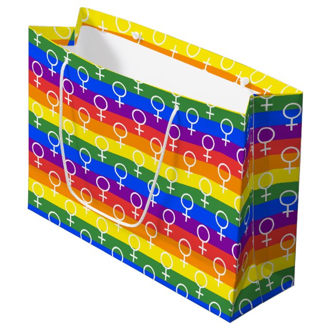 Female Symbol Rainbow Pattern Large Gift Bag (Front Angled)