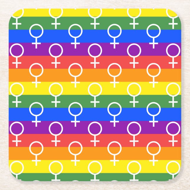Female Symbol Rainbow Pattern Square Paper Coaster (Front)