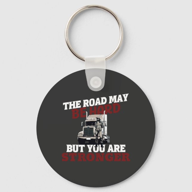 Female Trucker Strong Road Resilient Journey Pride Keychain (Front)