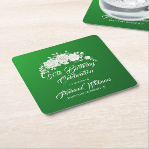 Female Vintage White Rose Border 50th Birthday Square Paper Coaster