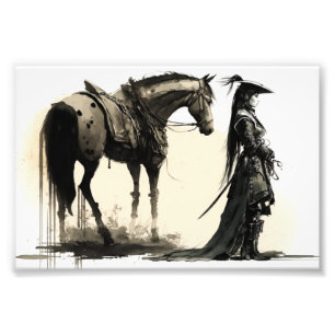 Female Warrior and Horse, Sketch Art, Ink Art Photo Print