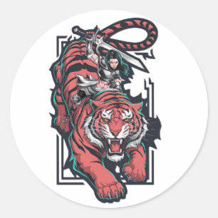Female warrior atop a massive tiger classic round sticker