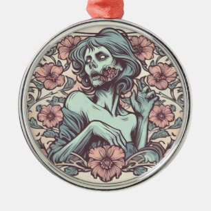 Female Zombie Art Nouveau with Flowers Pretty Metal Ornament