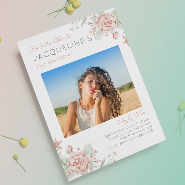 Feminine 21st Birthday Photo Invitation (Creator Uploaded)