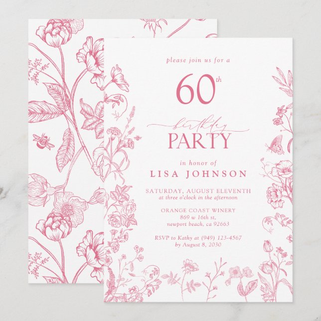 Feminine 60th Birthday Party Pink Victorian Floral Invitation (Front/Back)