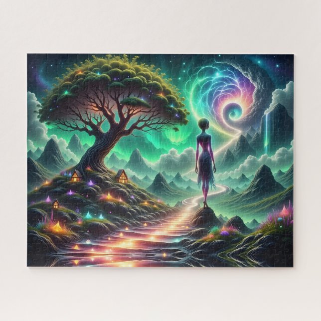 Feminine Alien walks thru twinkling alien garden Jigsaw Puzzle (Horizontal)