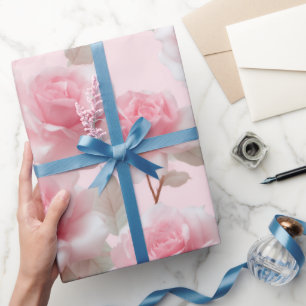 Feminine Baby Pink Rose White Floral Pattern Wrapping Paper