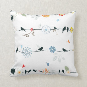 Feminine Birds on a Wire and Flowers Throw Pillow