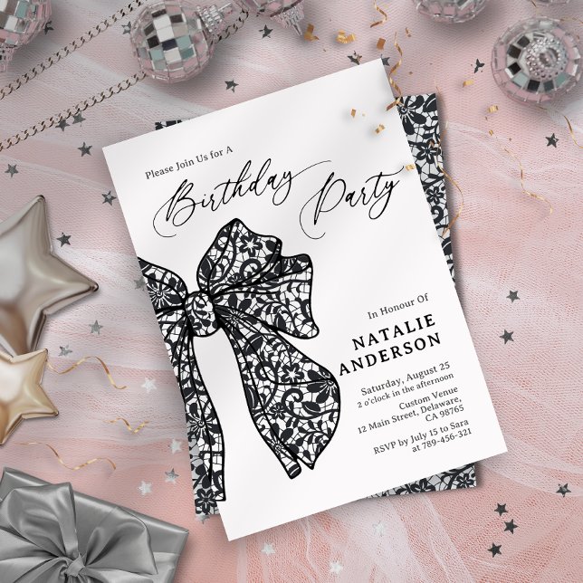 Feminine Black Floral Lace Bow Birthday Party Invitation (Feminine Black Floral Lace Bow Birthday Party Invitation)