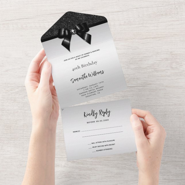 Feminine Black Gem Bow & Glitter Birthday All In One Invitation (Tearaway)
