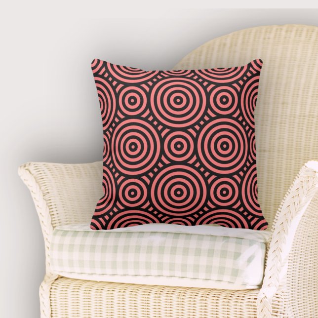 Feminine Black & Pink Nested Circle Pattern Throw Pillow (Feminine Black & Pink Nested Circle Pattern Throw Pillow, Dining Room)