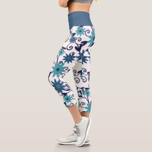 Feminine Blue Turquoise Flower Pattern Capri Leggings