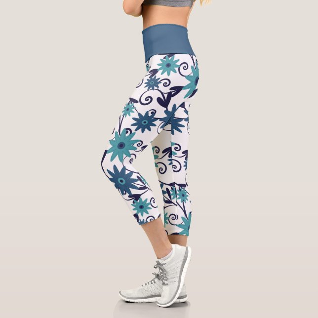 Feminine Blue Turquoise Flower Pattern  Capri Leggings (Left)