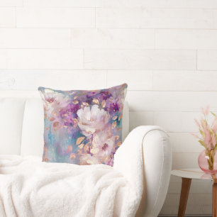 Feminine Blue White Gold Purple Flowers Throw Pillow