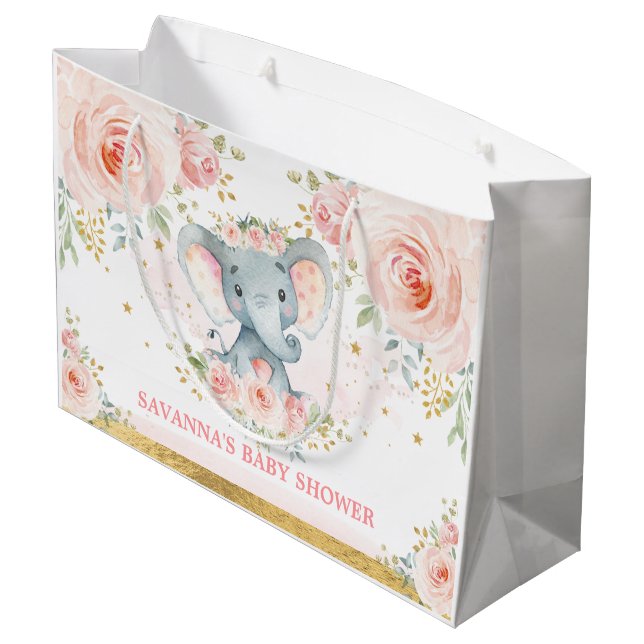 Feminine Blush Elephant Floral Baby Shower Large Gift Bag (Back Angled)