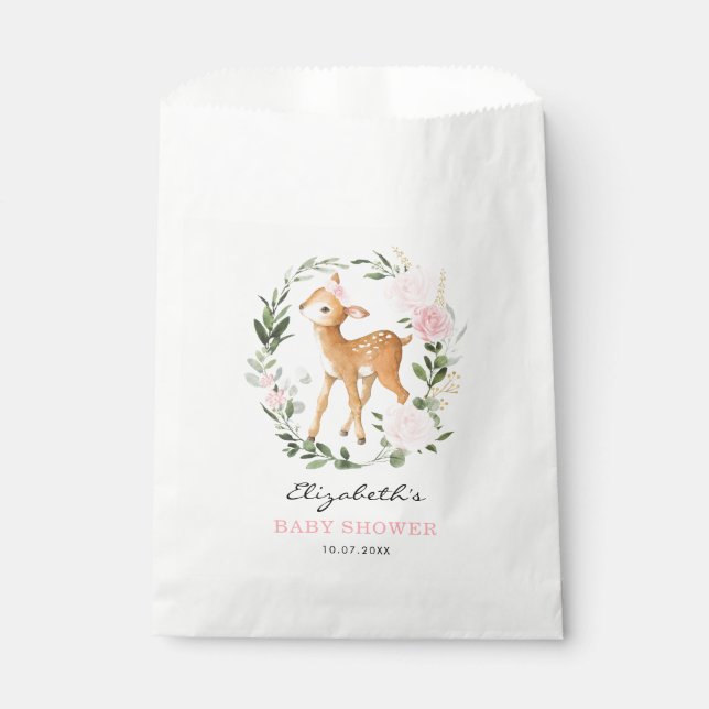Feminine Blush Floral Woodland Deer Baby Shower Favour Bag (Front)
