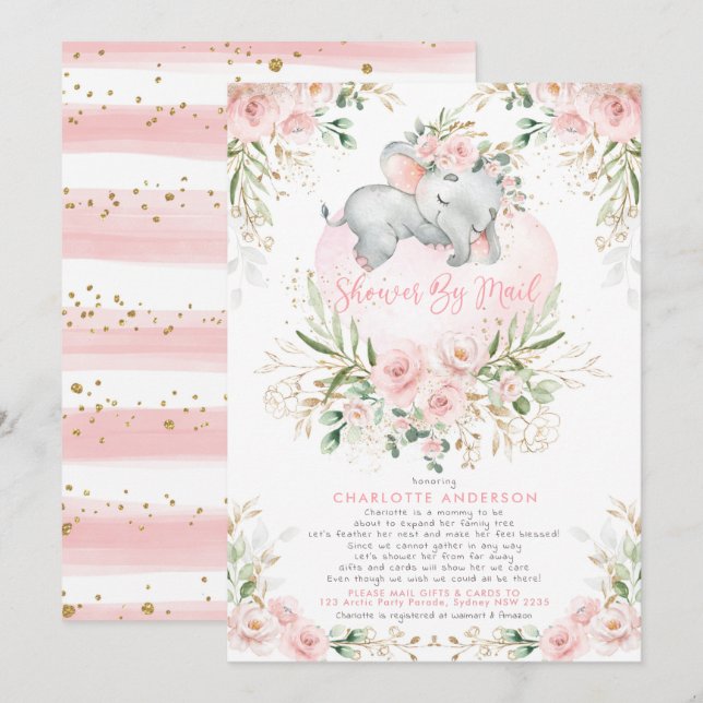 Feminine Blush Gold Elephant Baby Shower By Mail Invitation (Front/Back)