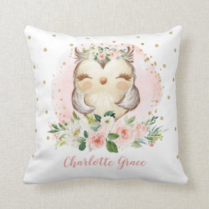 Feminine Blush Gold Floral Owl Girl Nursery Throw Pillow