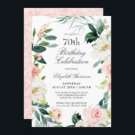 Feminine Blush Pink Floral 70th Birthday Party Invitation<br><div class="desc">A beautifully feminine 70th birthday party invitation framed in a wreath of blush pink and white watercolor roses and trailing greenery. The colour combinations are both feminine and cheerful to prepare your guests for a happy celebration. Personalize with your event details by replacing the sample text shown in the design...</div>