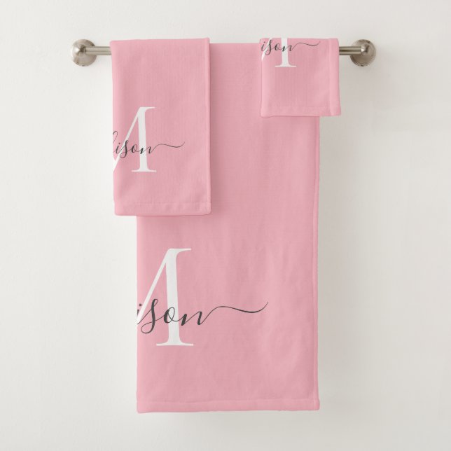 Feminine Blush Pink Grey Monogram Script Name Chic Bath Towel Set (Insitu)