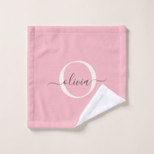 Feminine Blush Pink Grey Monogram Script Name Chic Bath Towel Set