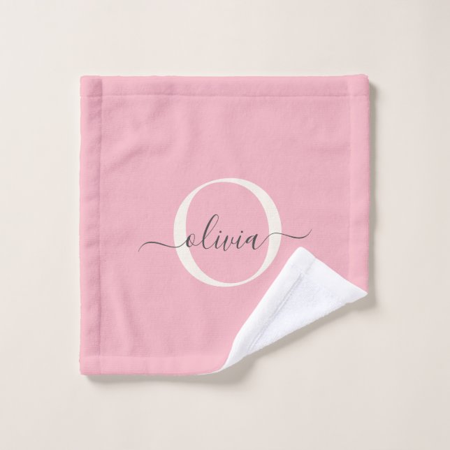 Feminine Blush Pink Grey Monogram Script Name Chic Bath Towel Set (Wash Cloth)