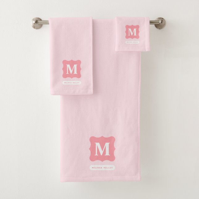 Feminine Blush Pink Minimalist Chic Monogram Name Bath Towel Set (Insitu)