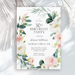 Feminine Blush Rose Floral 30th Birthday Party Invitation<br><div class="desc">A beautifully feminine 30th birthday party invitation framed in a wreath of blush pink and white watercolor roses and trailing greenery. The colour combinations are both feminine and cheerful to prepare your guests for a happy celebration. Personalize with your event details by replacing the sample text shown in the design...</div>