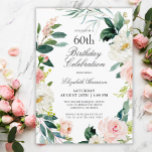 Feminine Blush Rose Floral 60th Birthday Party Invitation<br><div class="desc">A wonderfully feminine 60th birthday party invitation framed in a wreath of blush pink and white watercolor roses and trailing greenery. The colour combinations are both feminine and cheerful to prepare your guests for a happy celebration. Personalize with your event details by replacing the sample text shown in the design...</div>