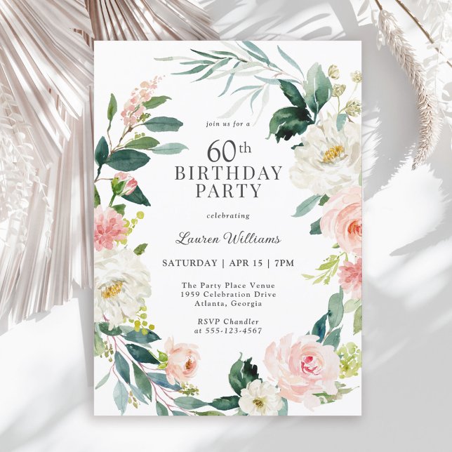 Feminine Blush Rose Floral 60th Birthday Party Invitation (Available in both printed and instant download digital formats.)