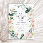 Feminine Blush Rose Floral 70th Birthday Party Invitation<br><div class="desc">A beautifully feminine 70th birthday party invitation framed in a wreath of blush pink and white watercolor roses and trailing greenery. The colour combinations are both feminine and cheerful to prepare your guests for a happy celebration. Personalize with your event details by replacing the sample text shown in the design...</div>