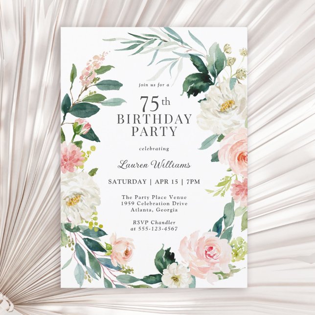 Feminine Blush Rose Floral 75th Birthday Party Invitation (Available in both printed and instant download digital formats.)