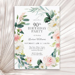 Feminine Blush Rose Floral 90th Birthday Party Invitation<br><div class="desc">A beautifully feminine 90th birthday party invitation framed in a wreath of blush pink and white watercolor roses and trailing greenery. The colour combinations are both feminine and cheerful to prepare your guests for a happy celebration. Personalize with your event details by replacing the sample text shown in the design...</div>