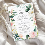 Feminine Blush Rose Floral 90th Birthday Party Invitation<br><div class="desc">A wonderfully feminine 90th birthday party invitation framed in a wreath of blush pink and white watercolor roses and trailing greenery. The colour combinations are both feminine and cheerful to prepare your guests for a happy celebration. Personalize with your event details by replacing the sample text shown in the design...</div>