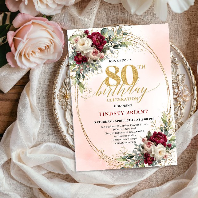Feminine Boho Floral Burgundy 80th Birthday Invite (Feminine Boho Floral Burgundy 80th Birthday Invite)
