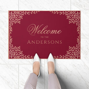 Feminine Burgundy Pink Welcome Rose Gold Leaves  Doormat