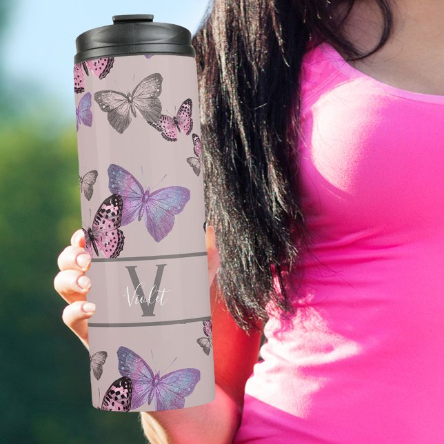 Feminine Butterflies and Monogram - Dusty Pink Thermal Tumbler (Creator Uploaded)