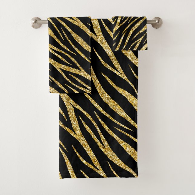 Feminine Chic Luxury Black Gold Classy Zebra Print Bath Towel Set (Insitu)